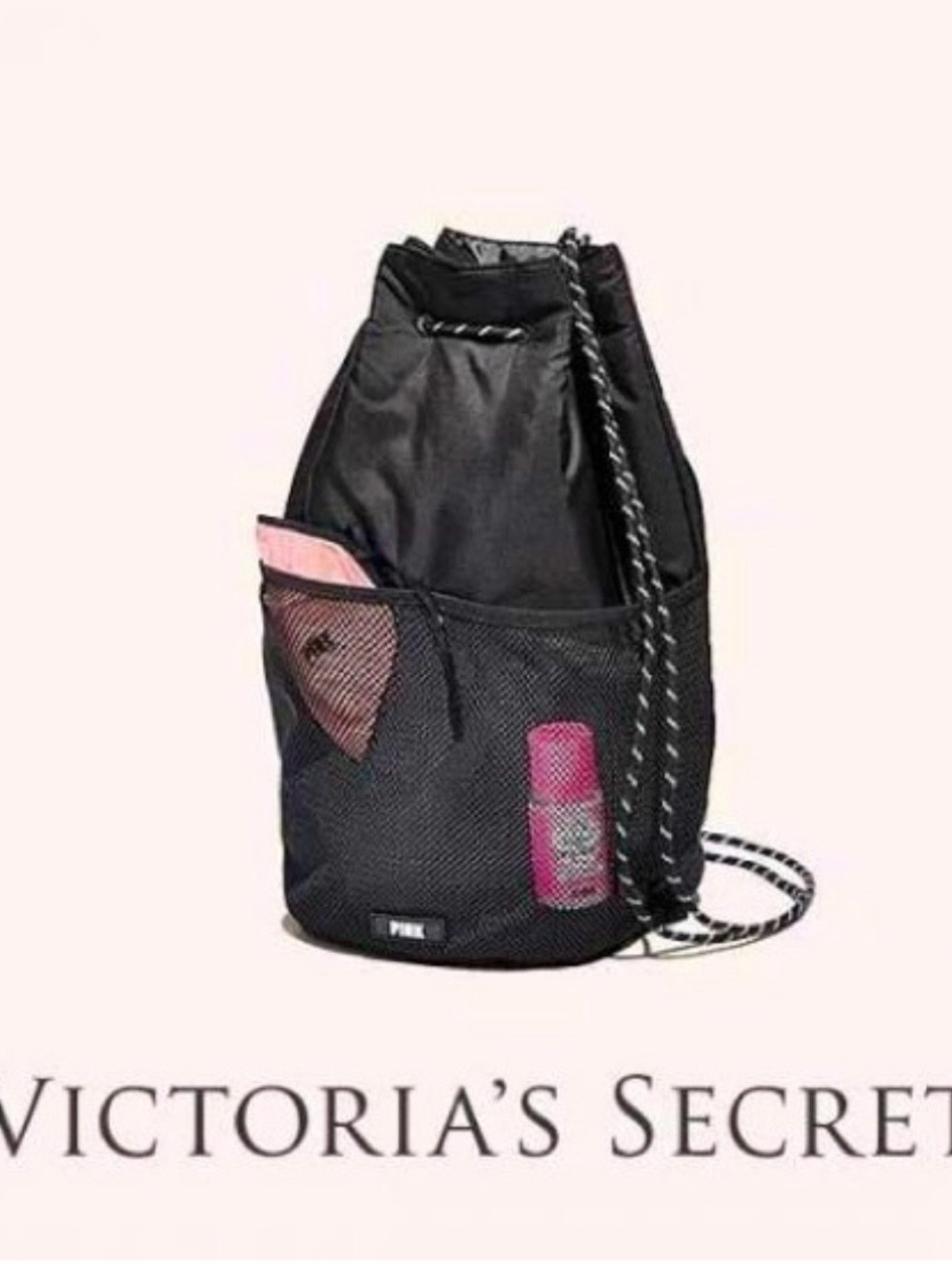 Victoria's Secret Black Mesh Drawstring Mini Sling Bag with Pink Accents